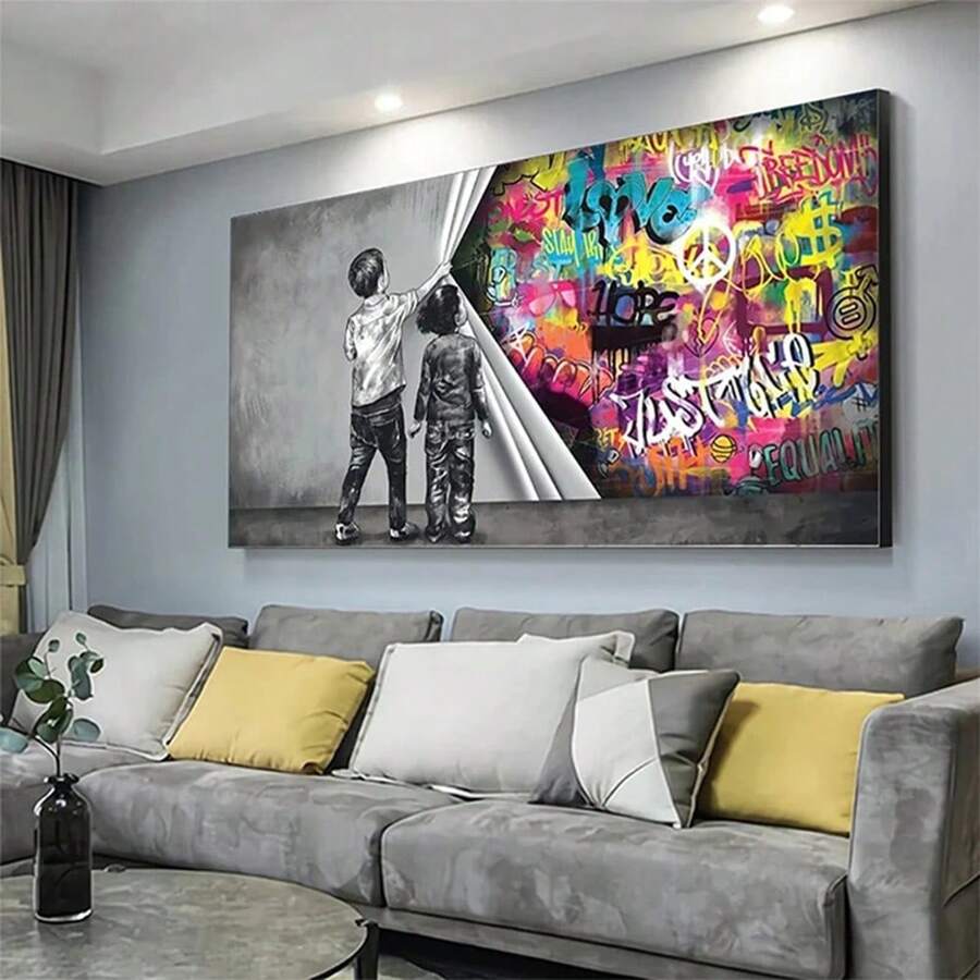 1 Pieza Impresión en lienzo de arte callejero con graffiti, decoración de pared con amor, póster de arte para sala de estar en el hogar, sin marco, cortina, arte de pared