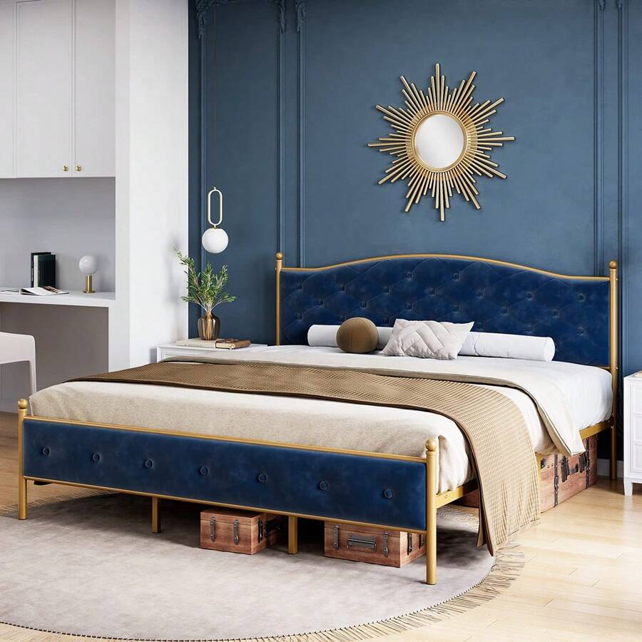 Full /Queen/King Size Bed Frame With Velvet And Button Tufted Upholstered Headboard,Bed Frame With Storage And Strong Wood Slat Support,Noise Free,No Box Spring Needed,Easy Assembly