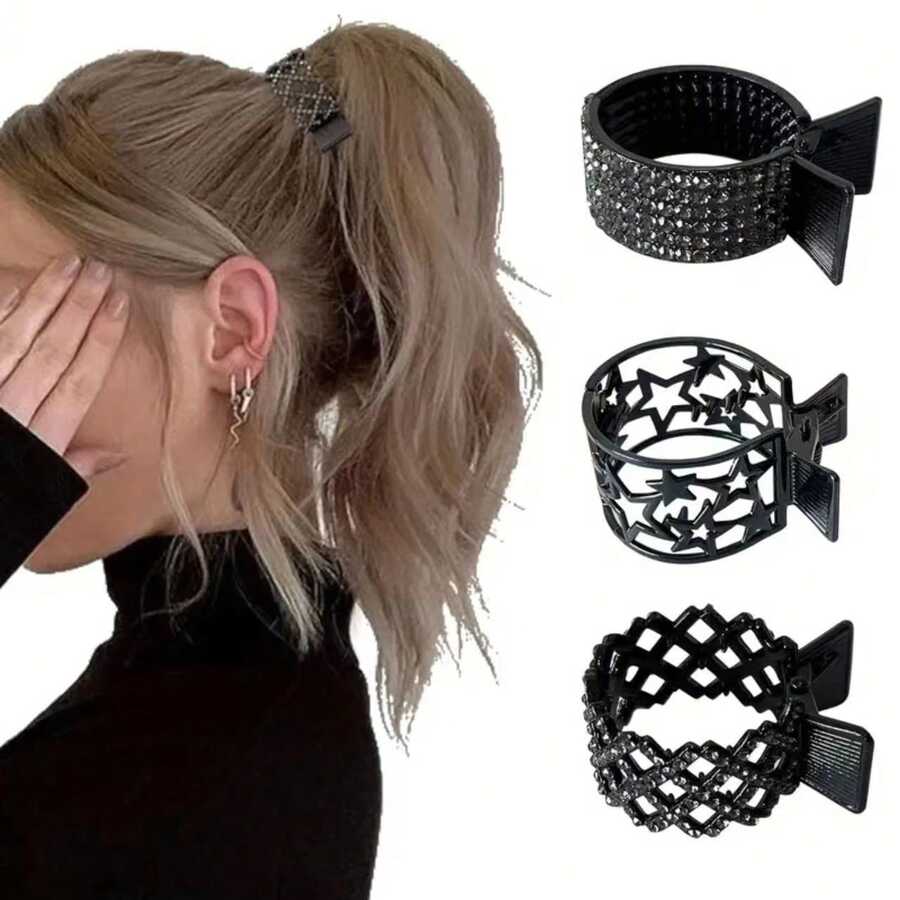 Zwarte haarklemmen Metalen klemmen met strass-steentjes Haarklemmen voor hoge paardenstaarten en dik lang haar