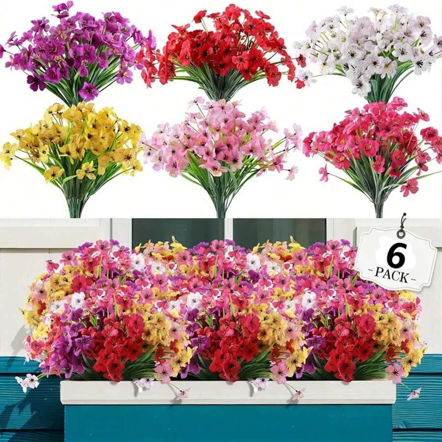 6 Bundles Artificial Flowers For Outdoor UV Resistant Faux Flowers No Fade Fake Plastic Plants Garden Porch Window Box Decorating ( 6 Colors )