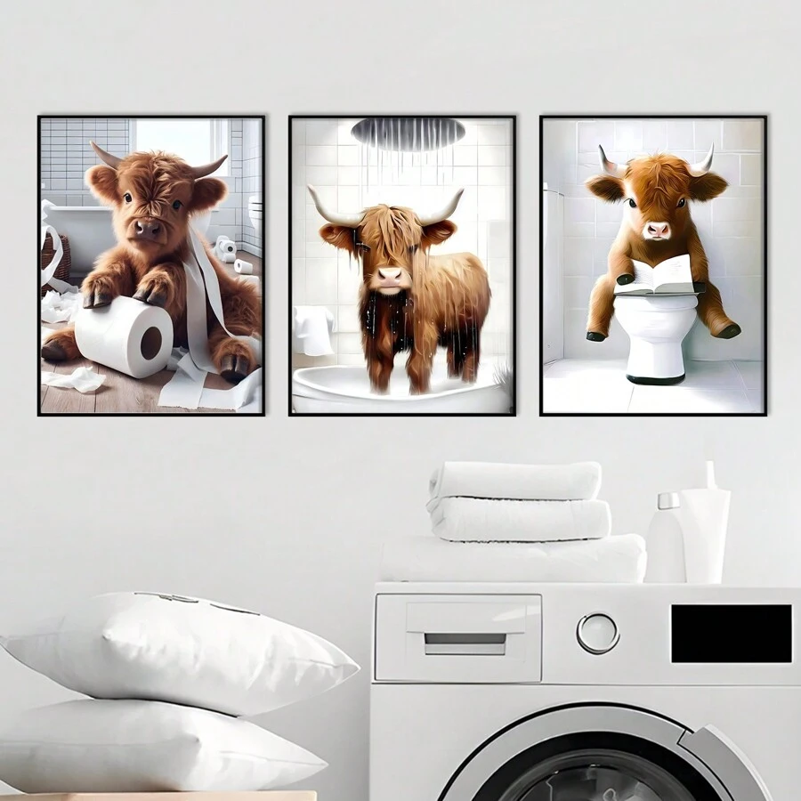 3pcs Scottish Highland Cow Funny Bathroom Print, Farm Animal Humor, Whimsical Highland Cow Lover Gift, Wall Canvas Art, Vintage Western Home Decor , Cottagecore Posters For Room, Funny Wall Decor , Room Decor Aesthetic, Room Decoration Stuff