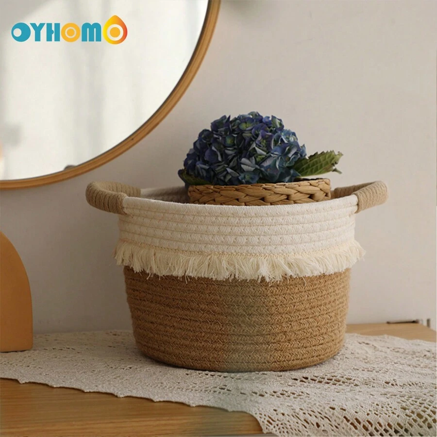 OYHOMO Canasta de almacenamiento con estilo bohemio, canasta de almacenamiento pequeña, canasta tejida de cuerda con borlas, canasta decorativa para estantería para juguetes, maquillaje, dormitorio, baño