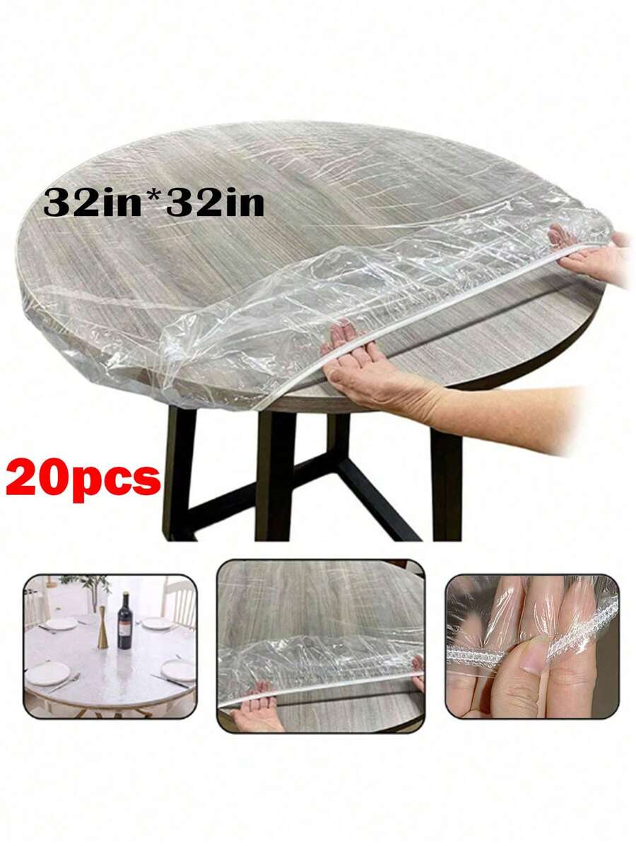 10pcs Elasticized Table Covers With Thick PE Transparent Tablecloth, Waterproof, Oil-Proof And Disposable With Bound Edges
