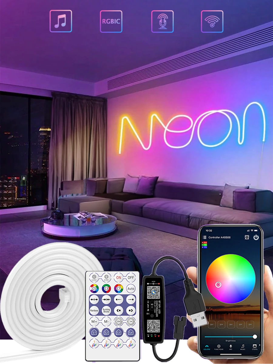 Acosh Neon Tiras de luces LED de 1 a 5 metros con efecto de persecución multicolor RGBIC, control de voz inteligente, sincronización con música, color arcoíris DIY LED Pixel, luces de tira LED de 5V adecuadas para escalera, dormitorio, sala de estar, fiesta