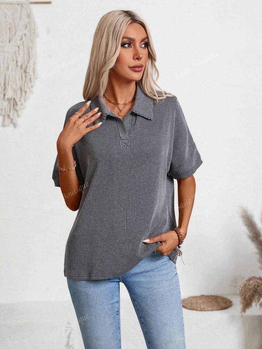 Women's Tops Fashion Ribbed Polo V Neck Casual Work Blouse Short Sleeve T-Shirt