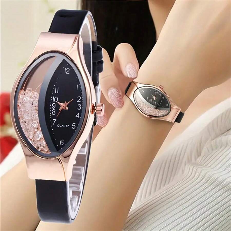 1pc Women's Fashionable Elegant & Cute Elliptical Watch With Rhinestone & Leather Strap, Quartz Wristwatch