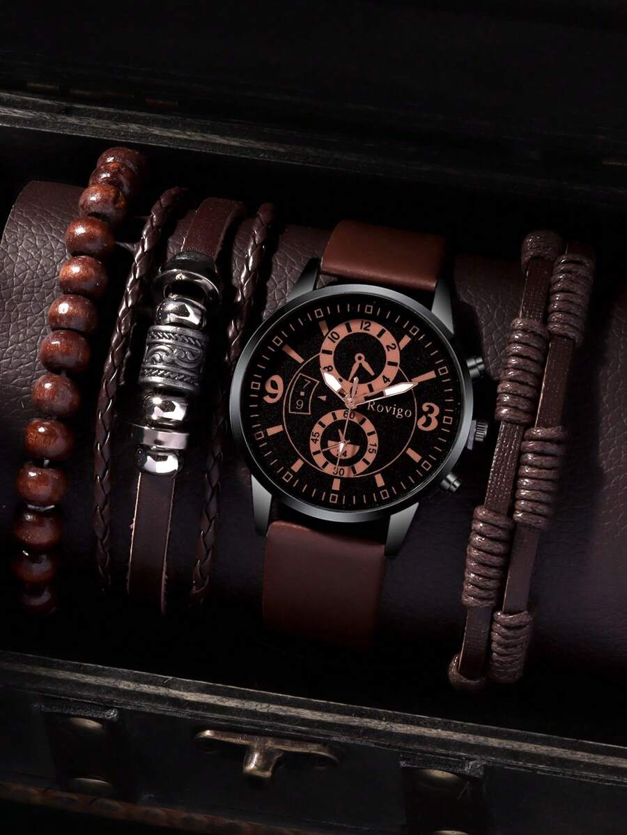 4pcs Fashionable Business Casual Men's Watch, Round Brown Quartz Watch, Paired With PU Woven Bracelet And Wooden Bead Bracelet Set, Suitable For Casual Daily Wear And Holiday Wear, The Best Gift Set For Men.