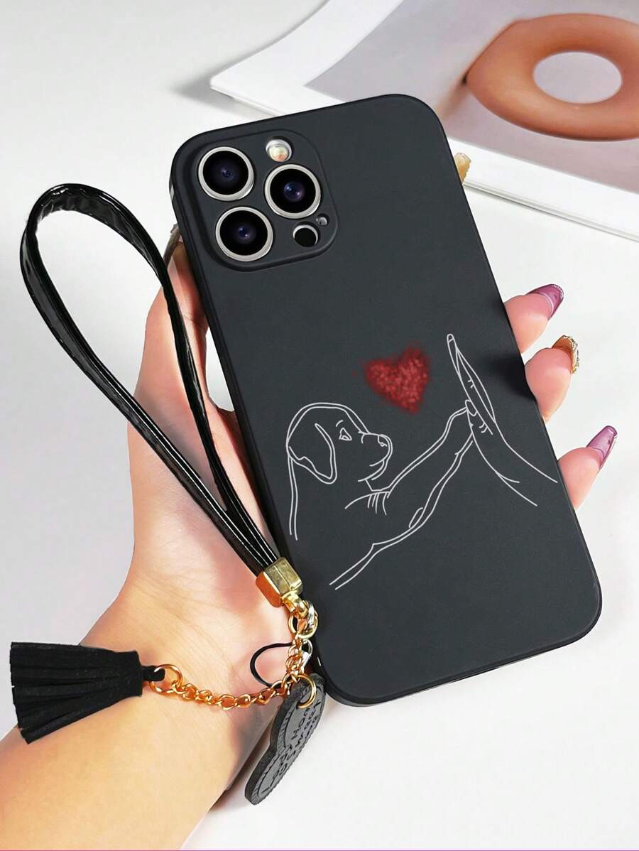 With Phone Charm 1pc Black TPU Dog High Five Heart Pattern Anti-Drop Phone Case And 1pc Black Heart-Shaped Leather Phone Strap, Compatible With IPhone/Matching Phone Cases/Funny Phone Cases/Android Phone Cases/Samsung Phone Cases/Xiaomi Phone Cases/OPPO Phone Cases, Compatible With IPhone 15PRO MAX/Samsung A14/Samsung A54/Samsung A52/Samsung A31 4G/Samsung A23/Redmi Note 8 Pro Case/Redmi Note 11 Pro 4G Case/Redmi Note 12 4G Case/OPPO A54 Case