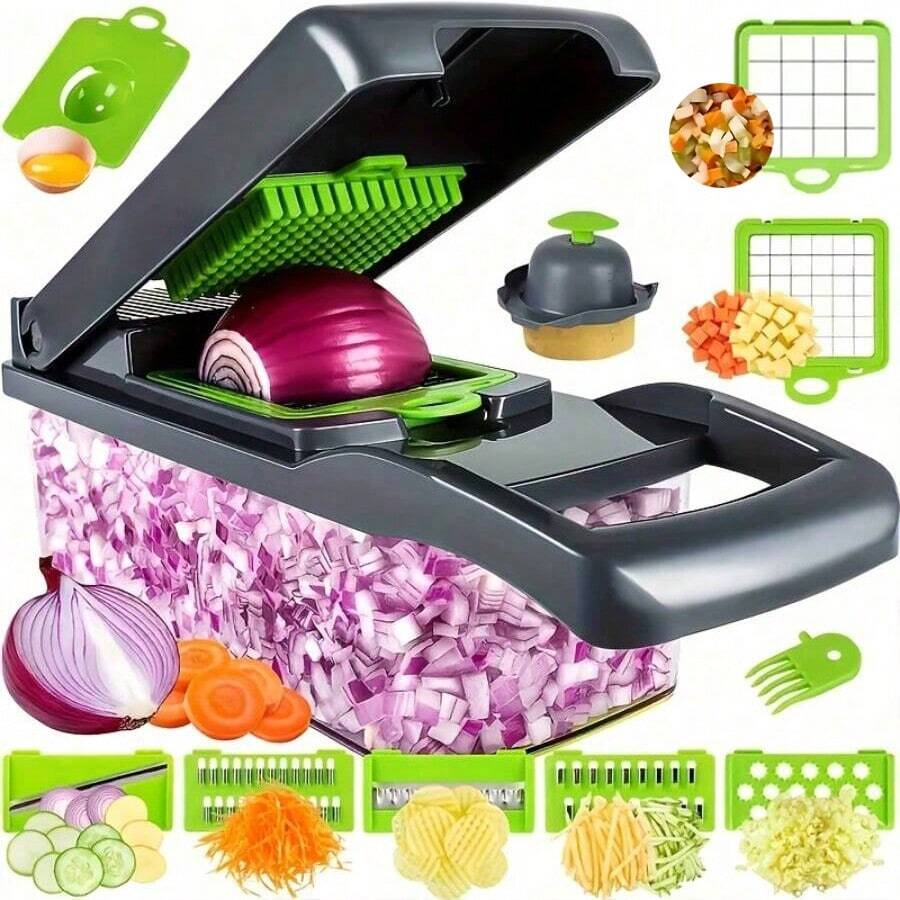 1 Set Multifunktions-Zerkleinerer,16 in 1 Lebensmittel-Zerkleinerer 8 Klingen-Schneider mit Behälter, Küche Gemüse Zwiebel Zerkleinerer Schnellschneider, Kartoffel Shredder Salat Zerkleinerer Camping