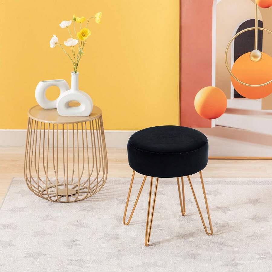 Duhome Velvet Ottoman, Makeup Vanity Stool, Contemporary Stool, Mongolian Round Metal Stool, Vanity Stool, Furry Ottoman Stool, Modern Accent Stools, Pink