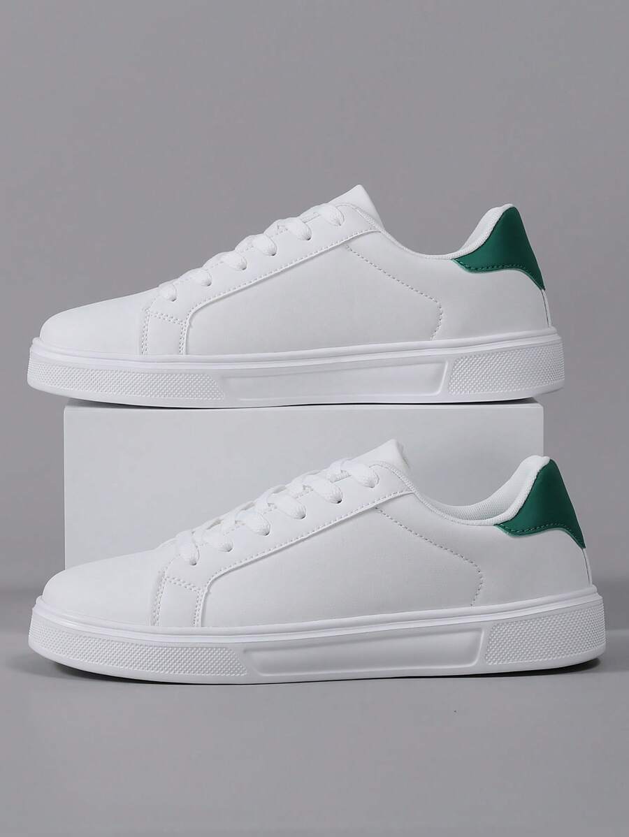 Men's Casual Flat Shoes With Round Toe And Lace-Up Soft Sole, White PU Leather Low Top Sneakers For Spring And Autumn