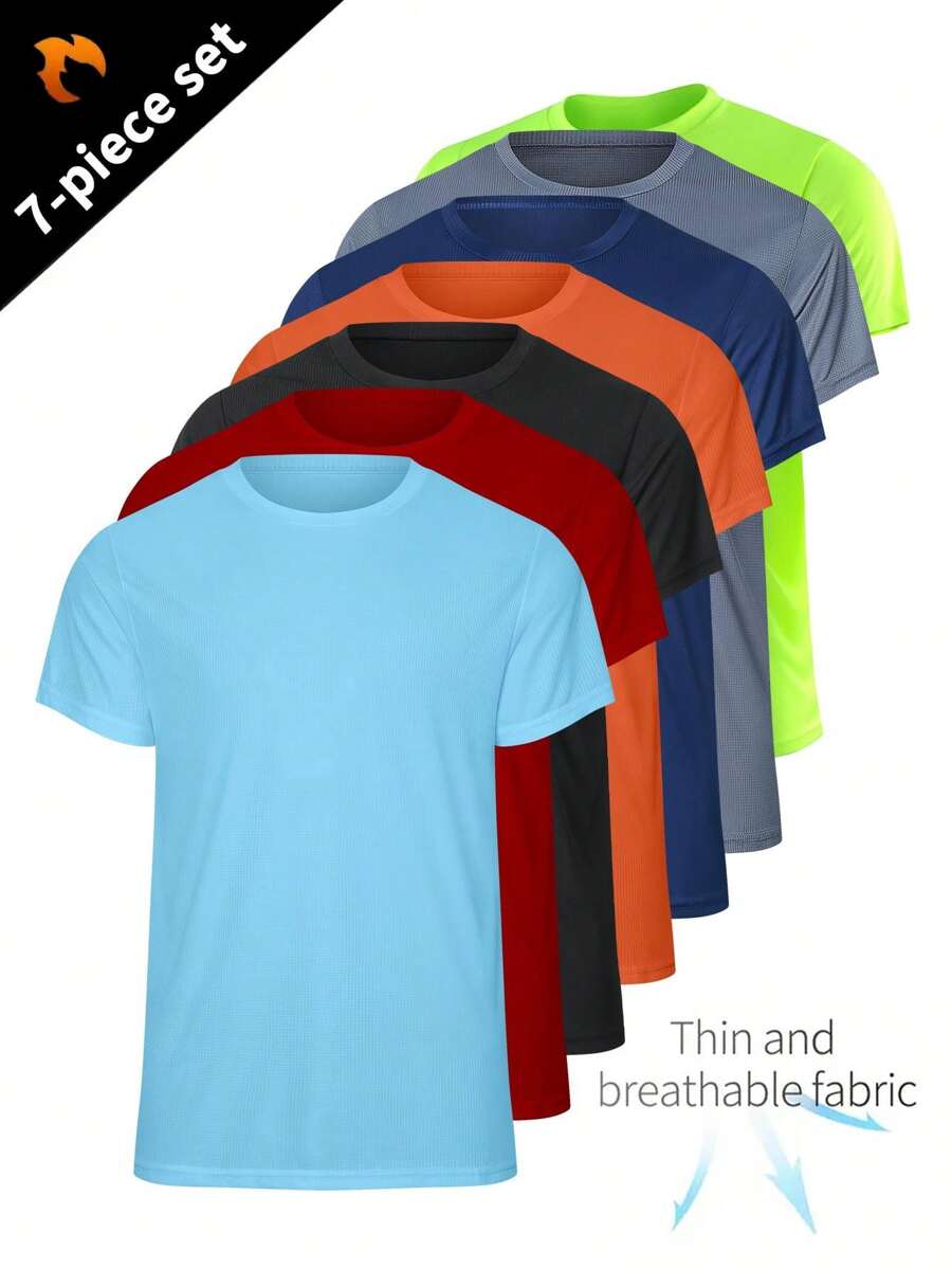 Conjunto de 7 camiseta de esportiva masculina de manga curta leve e de secagem rápida, adequado para corrida, basquete, futebol, fitness e treino na academia, Top casual com decote redondo