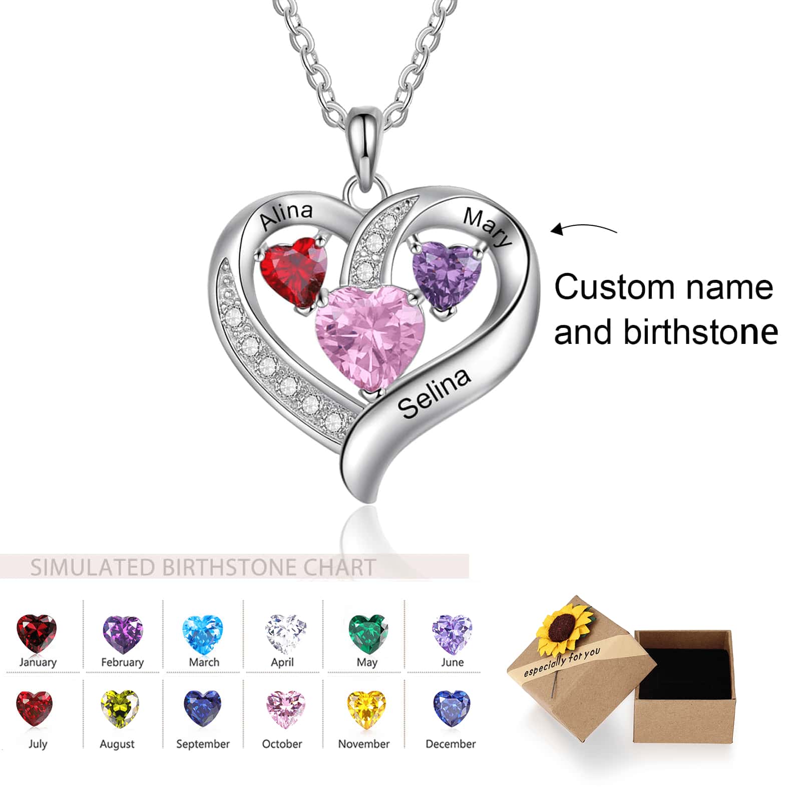 Collier de trois pierres de naissance personnalisé avec nom, collier en forme de cœur pour la confession pour petite amie, mère, meilleure amie, cadeau de fête des mères pour la famille.