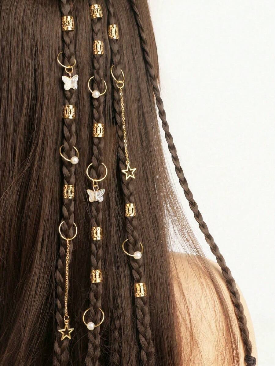 29pcs Gold-Colored Faux Pearl & Butterfly Mixed-Style Hair Loops, Ladies/Girls' Dressing Accessory Boho Hair Clips Claw Clips Hair Claws Hair Barrettes