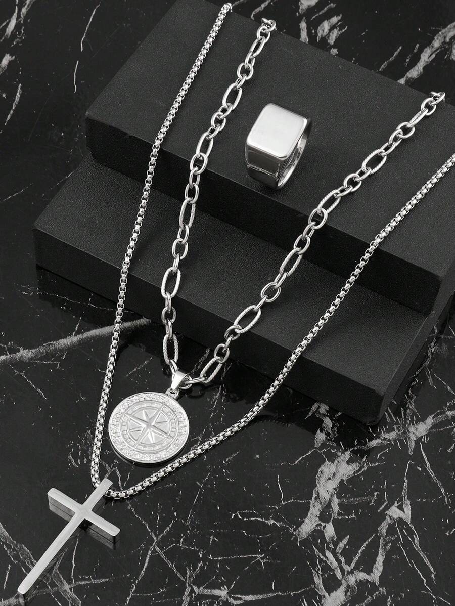 Ensemble de bijoux personnalisé à la mode composé de 3 pièces de décoration croix compas en acier inoxydable plaqué or 18k pour hommes, cadeaux de saison sportive et de rentrée scolaire