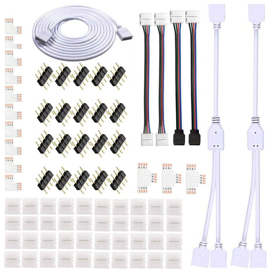 4-Pin LED Light Strip Connector Kit For 5050 10mm Wide Light Strip, Including 8 Types Of Solderless Accessories (Total 80 Pieces), RGB Extension Cable, LED Jumper, Bi-Directional RGB Splitter Cable, L Connector, T Connector, Gapless Connector, 4-Pin Male Connector, LED Strip Clip, Providing Most Parts For DIY Lighting Projects