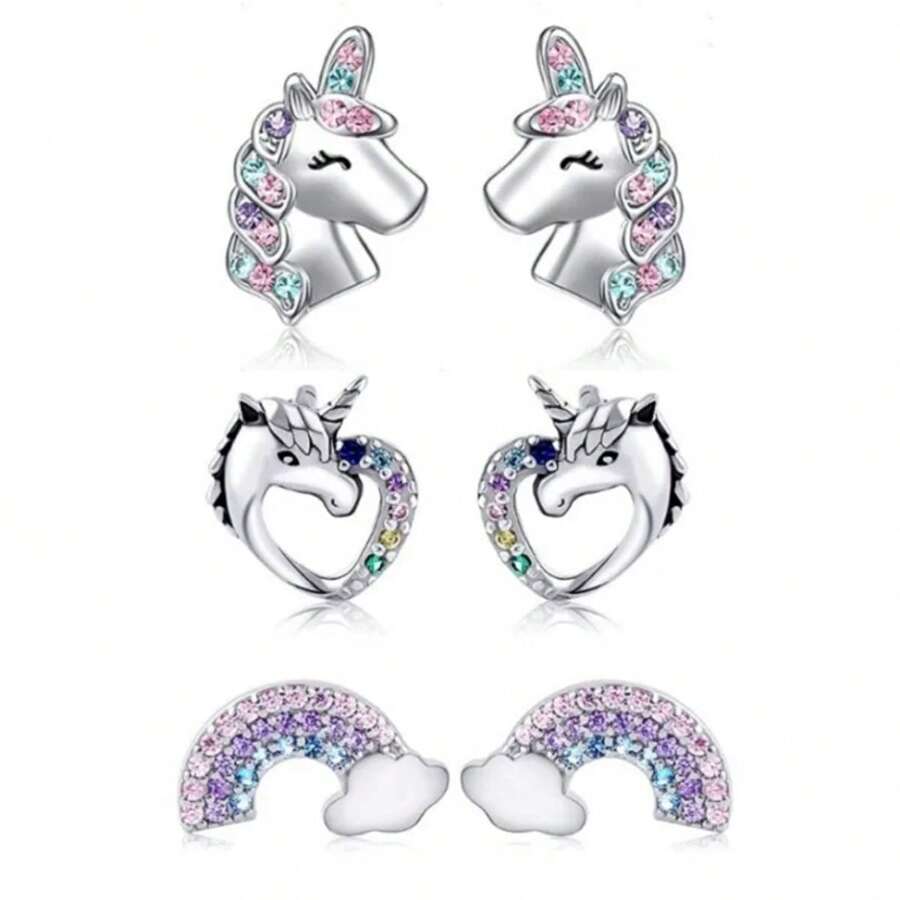 2/6 piezas Pendientes de presión con forma de corazón y unicornio de acero inoxidable 316L para mujeres y niñas, aretes con tachuelas de circonita cúbica hipoalergénica arcoíris, aptos para uso diario y fiestas