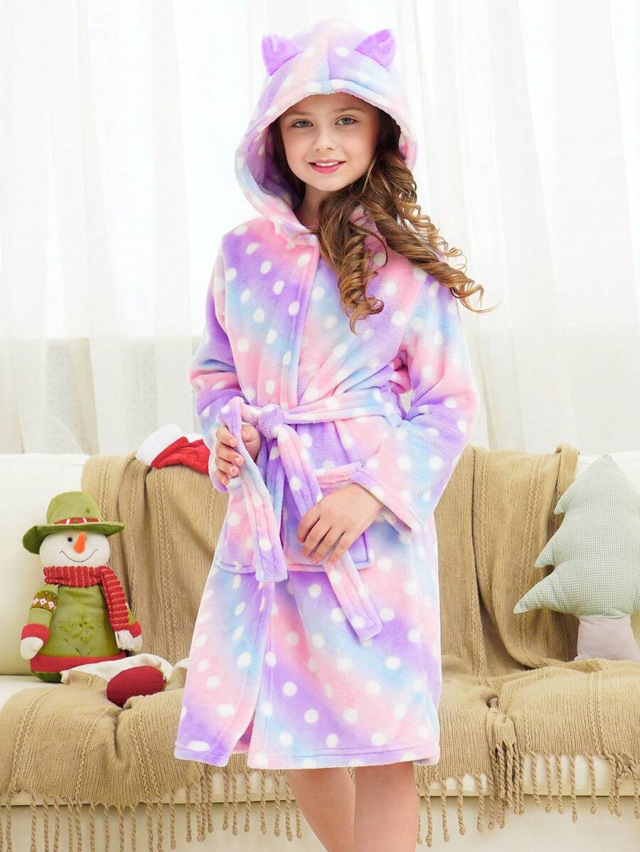 Bata de baño con capucha de manga larga con estampado de puntos en forma de estrella morada y orejas de gato linda para niñas preadolescentes