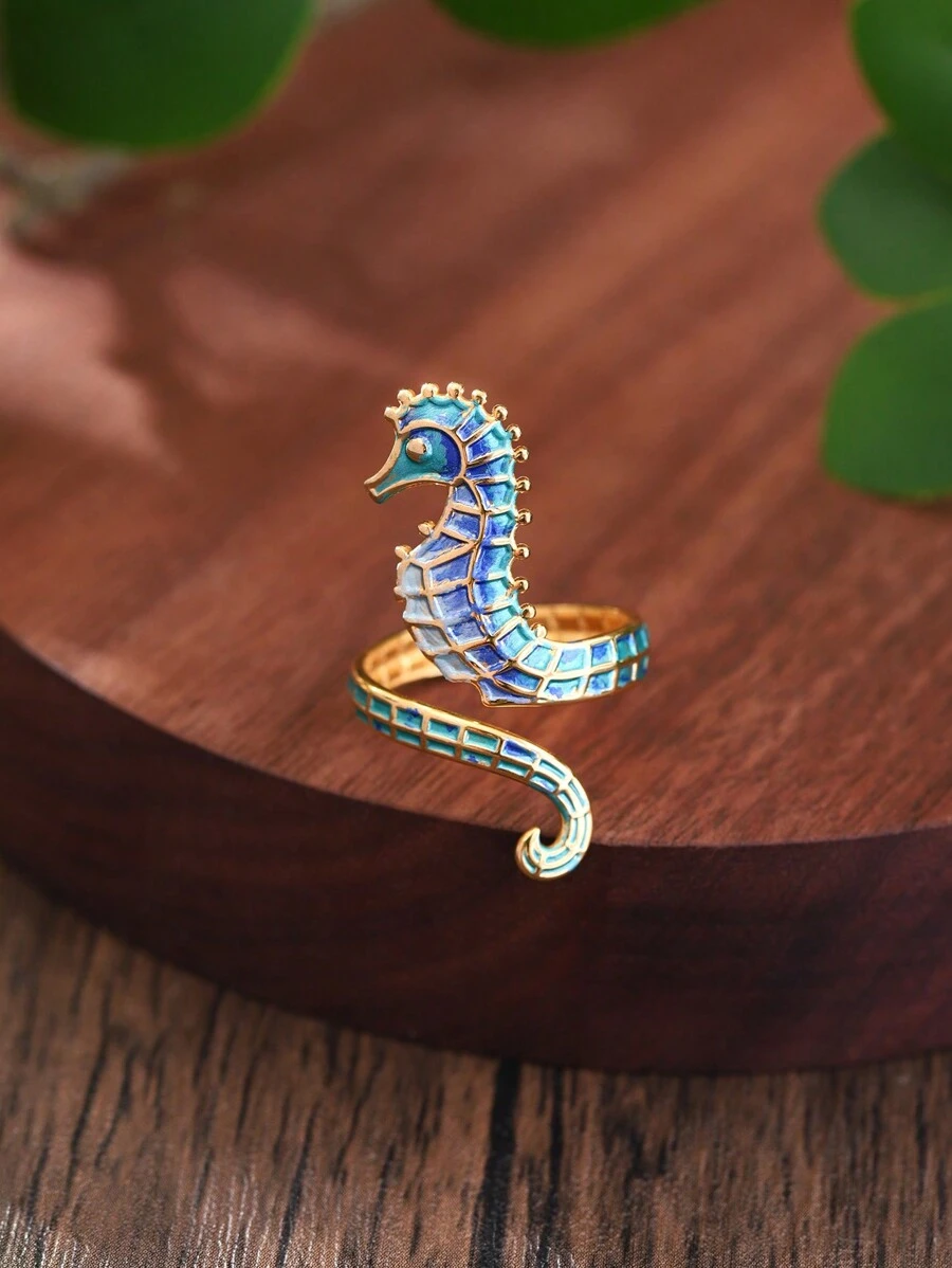 1 Peça Anel Ajustável Abertura Decorada com Cavalos-marinhos Esmaltados em Aço Inoxidável Azul Retrô Charmoso de Design Criativo Original para Mulheres/Garotas, Adequado para Uso Diário de Verão, Festas, Encontros e Presentes