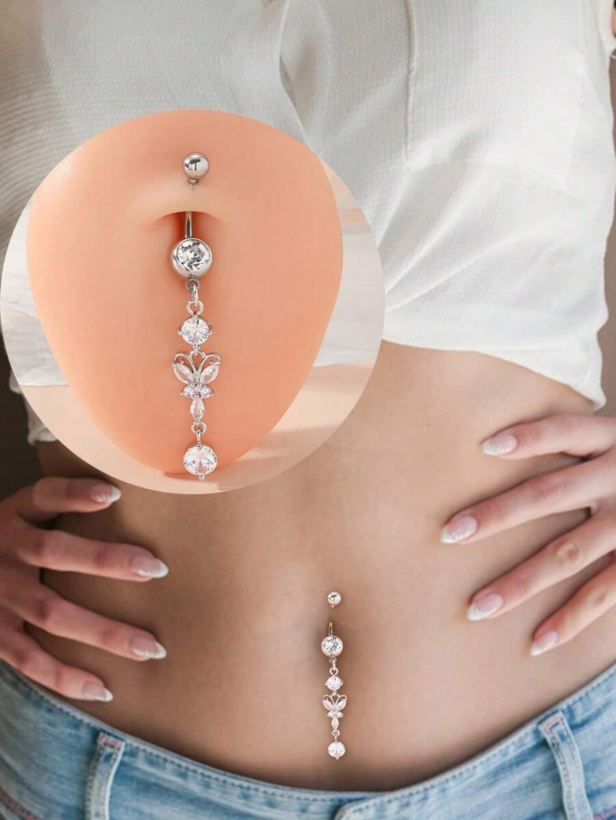 1PC Rhinestone Butterfly Decor Navel Belly Ring Unisex Stainless Steel Crystal Punk Piercing - A Fashionable Body Jewelry Gift For Any Occasion
