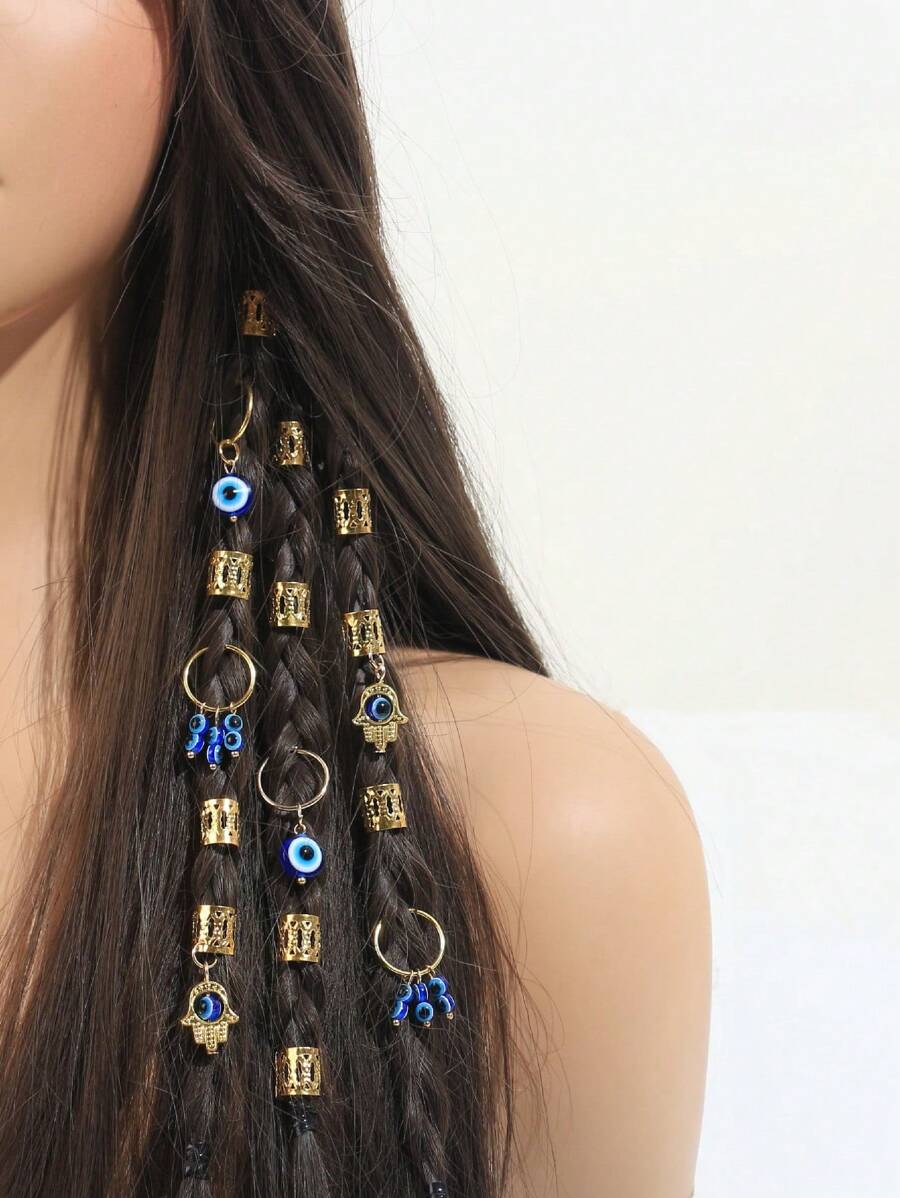 16pcs Devil Eye Braid Hair Rings, Gold Color Braiding Hair Clips, Fashion Hair Accessories For Women