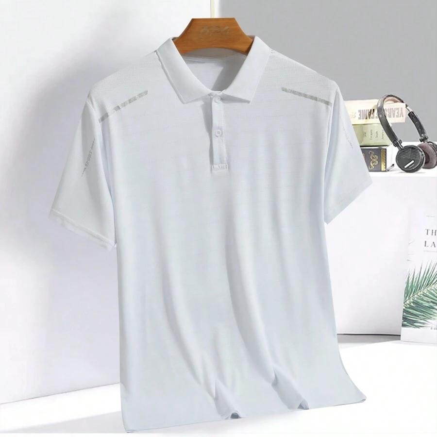 Camicia polo da uomo stile boyfriend in mezza età, casual, sportiva, con stampa, manica corta, traspirante, in seta ghiacciata, ad asciugatura rapida, semplice, adatta per sport e running, con colletto alla coreana