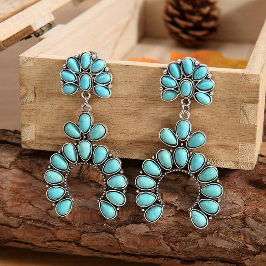 1 paire de Nouvelles boucles d'oreilles rétro en style occidental, boucles d'oreilles géométriques statement en turquoise pour femmes