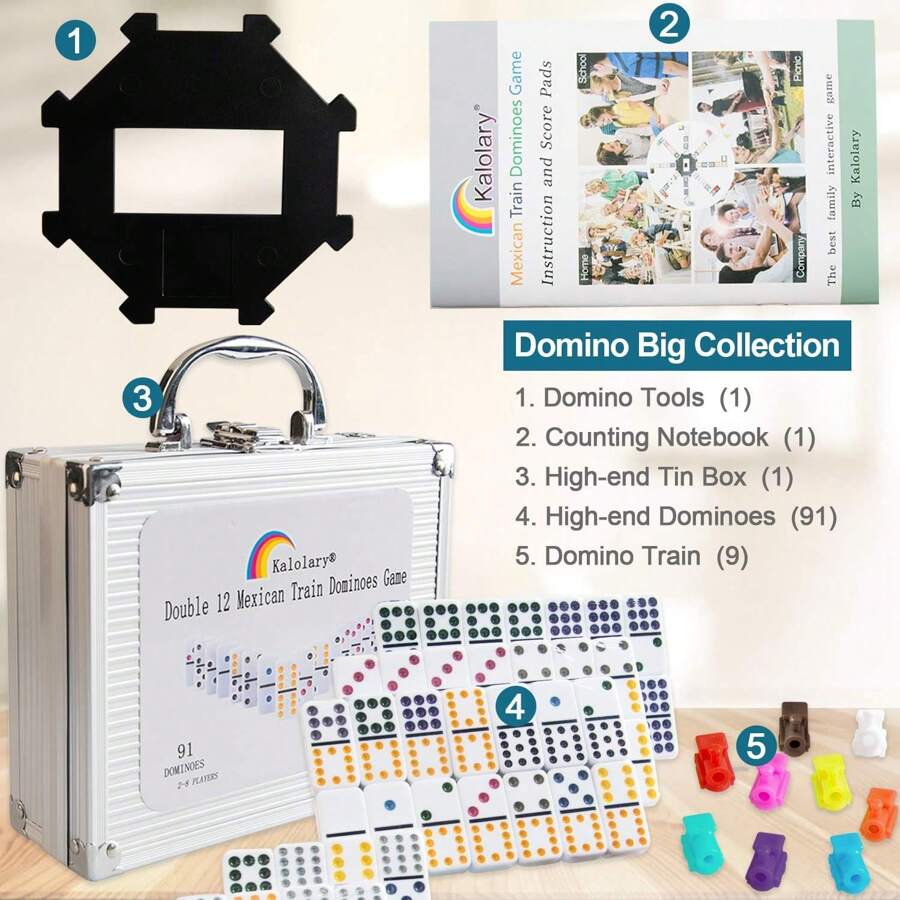 Kalolary Double 12-versie Mexicaanse treindominostenen, Mexicaanse dominotreinspelaccessoires met aluminium behuizing, handleiding en scoreblokken (91 stuks)