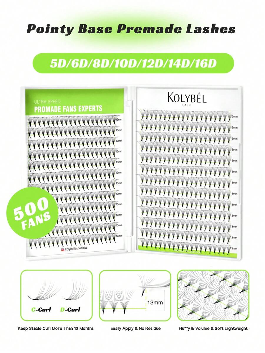 KOLYBEL 500 Fãs de extensões de cílios fãs pré-fabricados 5D / 6D / 8D / 10D / 12D / 14D / 16D 8-15mm Comprimento misto de Fãs de pestanas premade D Curl Fãs premade de base fina e pontiaguda volume premade de extensões de cílios