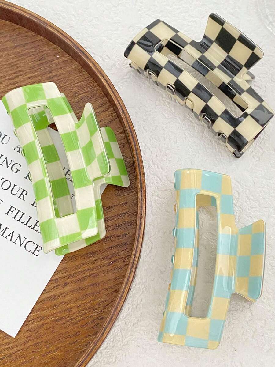 3-Piece Set Of Women's Sweet And Cute Checkerboard Grip Clips, Made Of Acetic Acid Material For Daily Commuting Fixed Hair, Classic Style Plate Hair Medium Grip Clip, Valentine's Day Couple As Gift Hair Accessories, Hair Claw, Claw Clips, Hair Jaw Clip, Hair Clutch