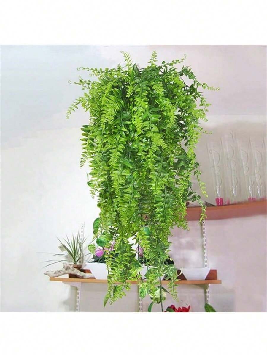 2 Pack Artificial Fake Hanging Ferns Plants Vine Fake Ivy Boston Outdoor UV Resistant Plastic (Green) For Spring Summer Decor