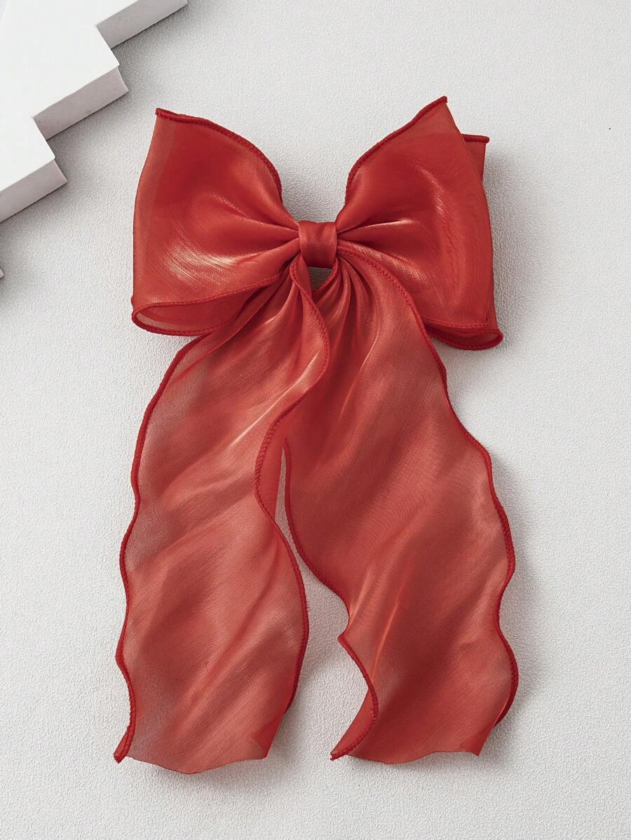 Gorgeous White Mesh Ribbon Bow Streamer Hair Clip For Girl, Large Size Hairpin For Back Of Head Decoration