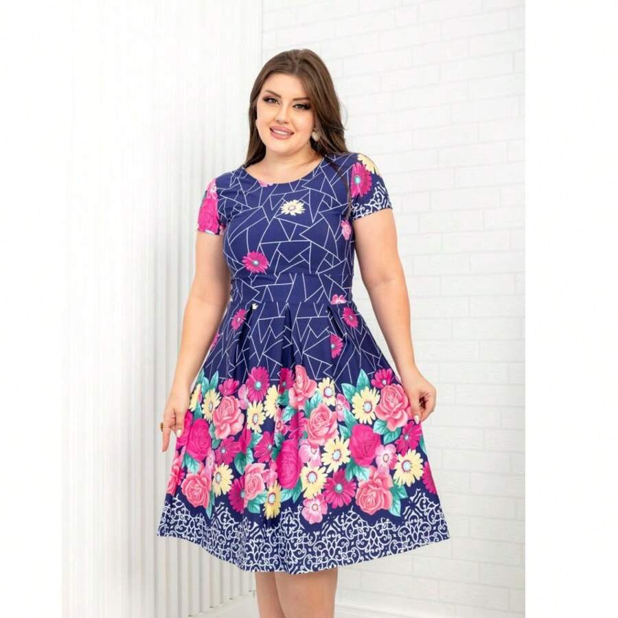 VESTIDO FLORAL BARRADO MODA FEMININA EVANGELICA CHIC CACO AZUL