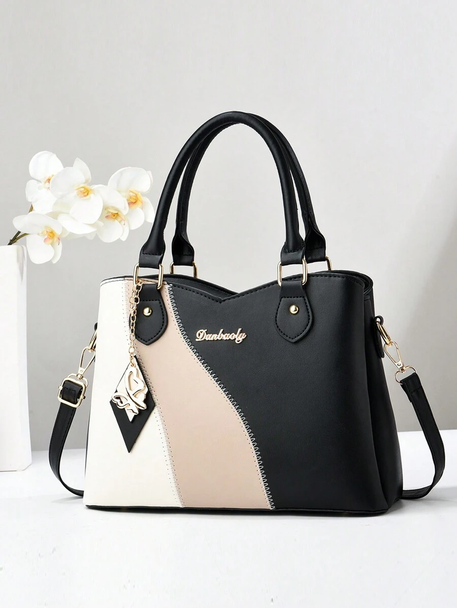 New Vintage Color Block Fashion Women's Tote Bag, Casual Multilayered Large Capacity, Can Be Shoulder Bag, Crossbody Bag Or Handbag, Comes With A Pendant Bag, Suitable For Travel, Shopping And Daily Use