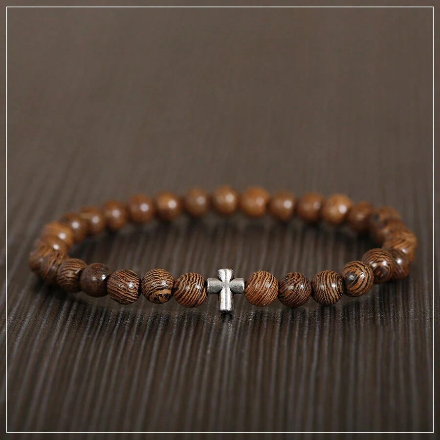 Charm Women Men Silver Cross Head Christian 8MM Natural Wooden Beaded Couple Bracelets