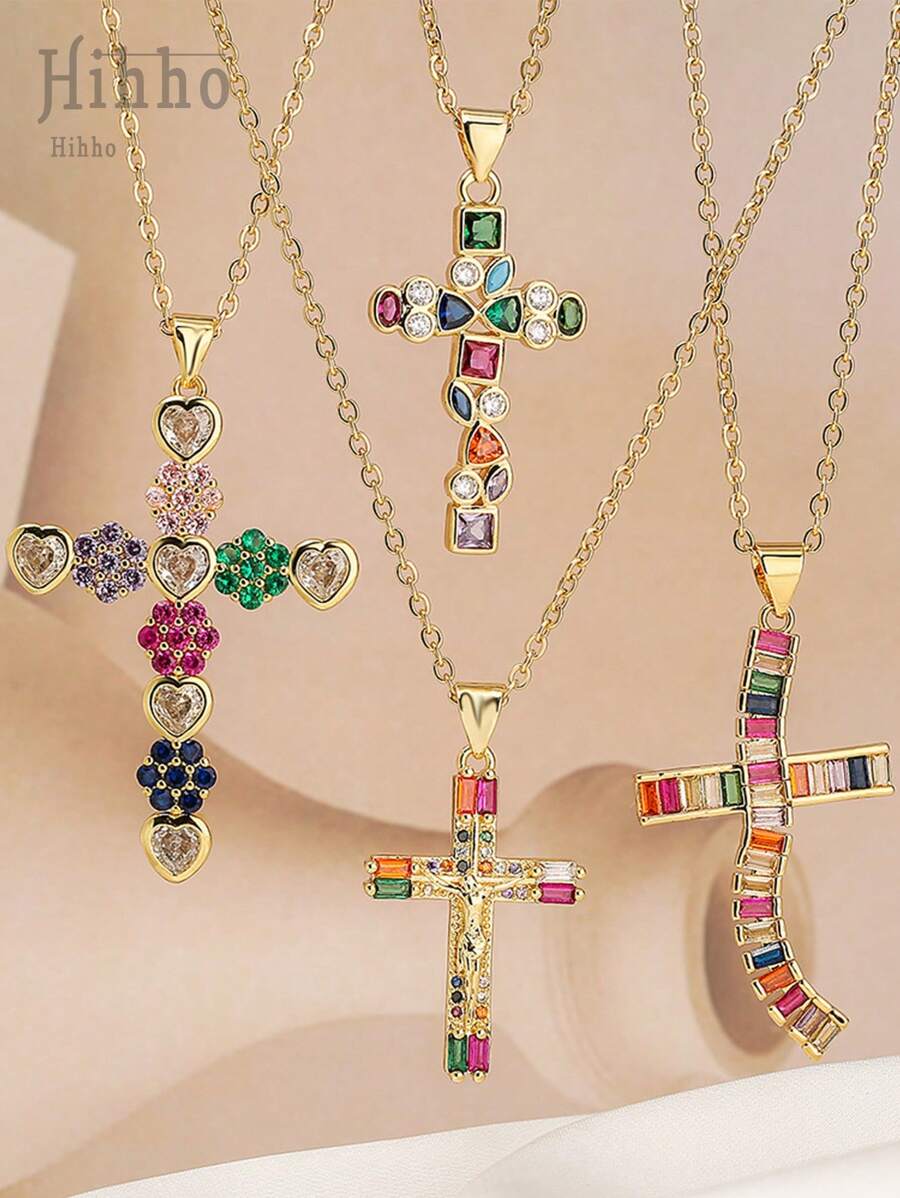 Hihho 1 pièce Collier pendentif croix élégant à la mode avec incrustation de zirconium coloré de style européen et américain, collier ras-de-cou en acier inoxydable, cadeau de festival (couleurs de zirconium disposées de manière aléatoire)