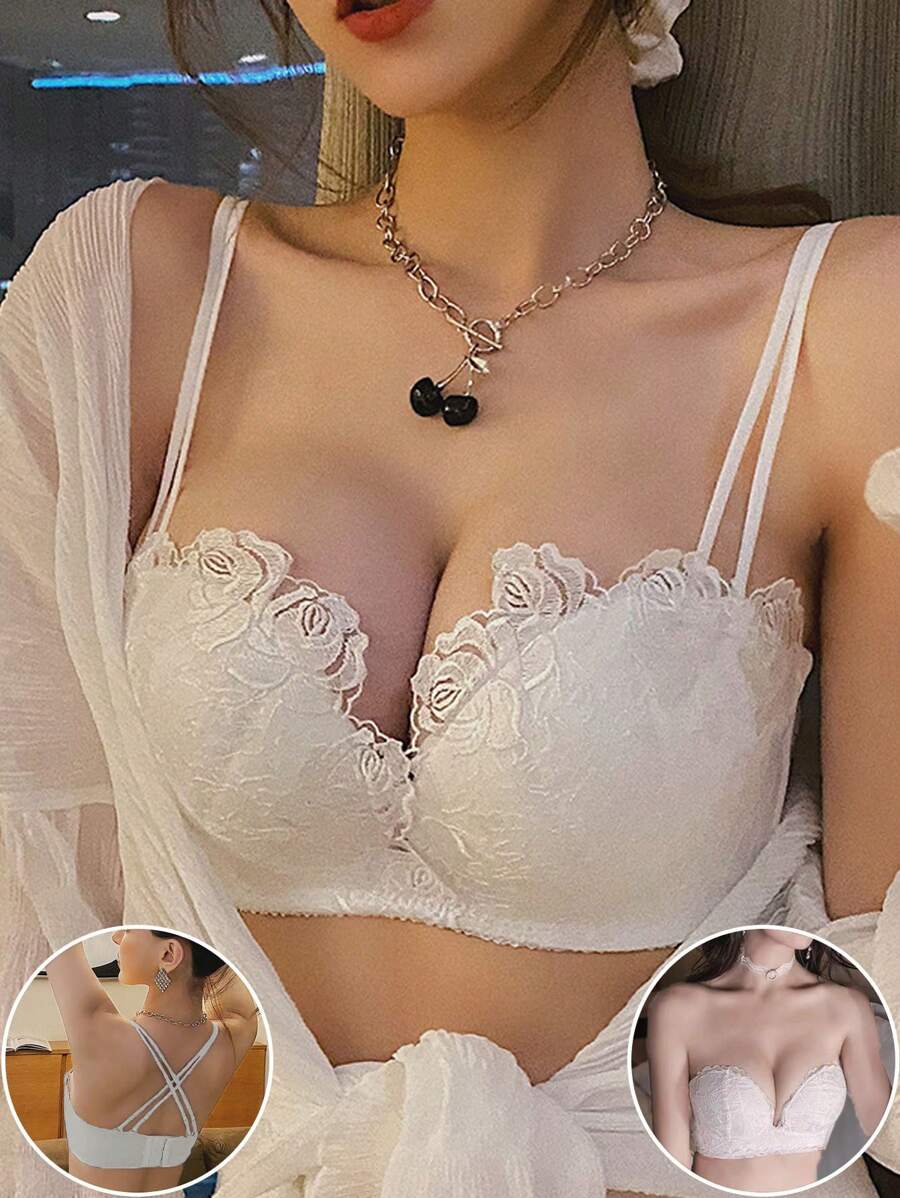 Women's White Lace Bra, Padded Push-Up Plunge Backless Bra Lingerie For Sexy Wedding/Formal Dresses