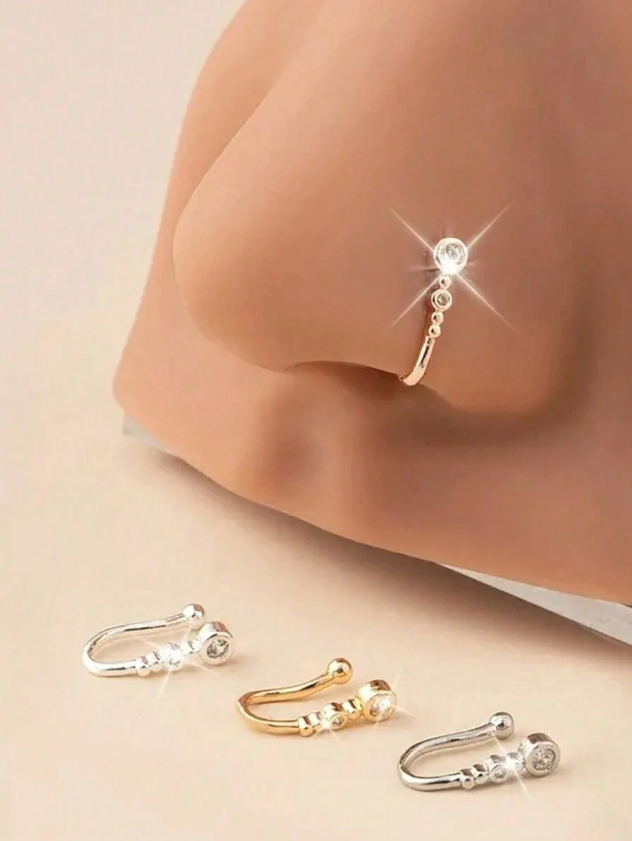 1 pieza Nuevo clip de nariz de moda para mujer, anillo de nariz de cobre con diseño redondo e incrustaciones de circonita cúbica, adecuado para uso diario