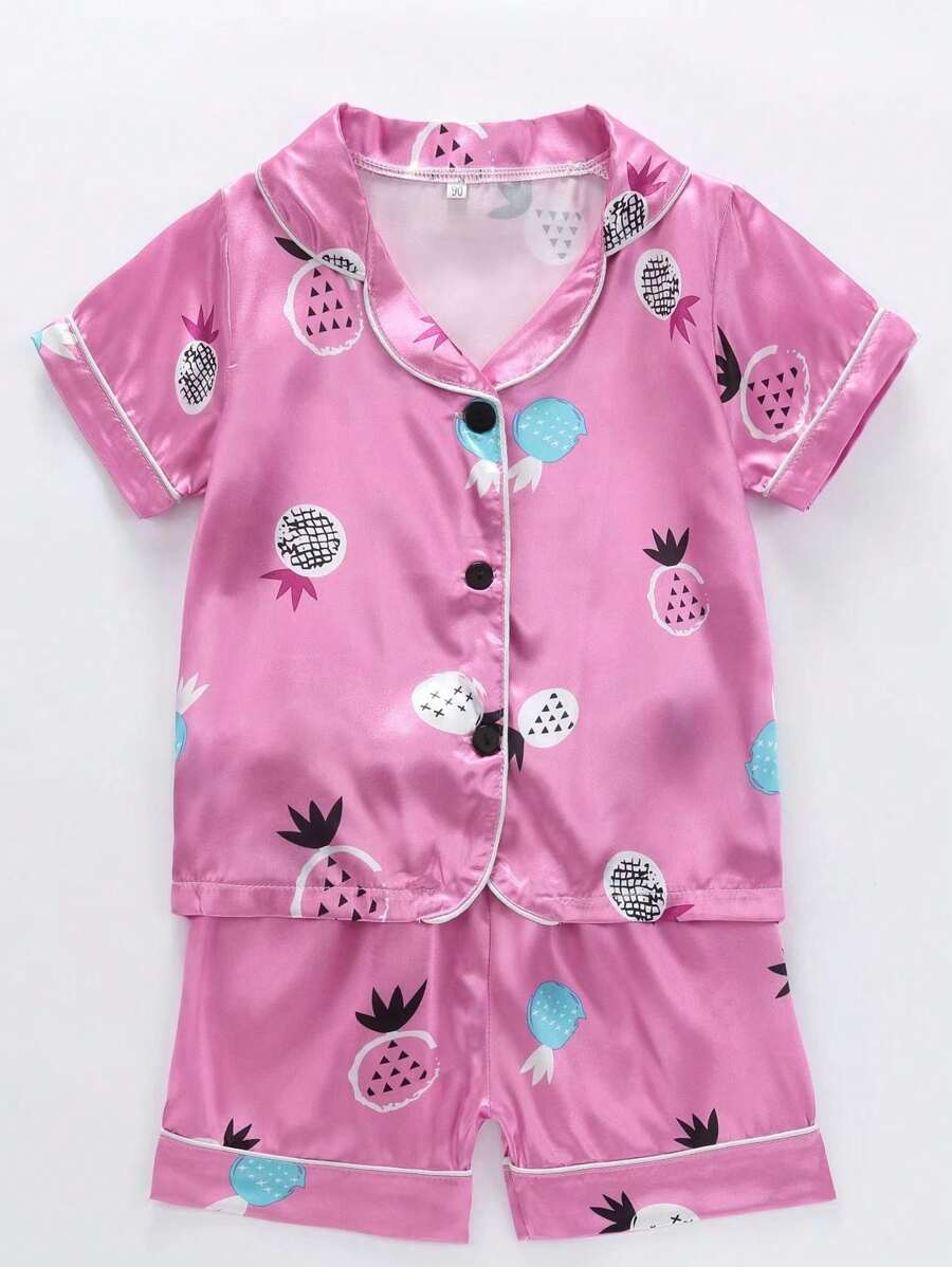 Skin-Friendly Pineapple Cartoon Print Polo Collar Short Sleeve Shorts Pajamas Set, Unisex Kids