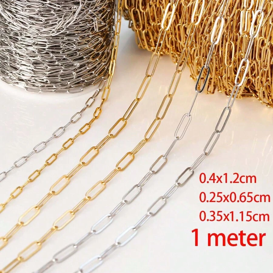 Cadena Rolo de acero inoxidable de 1 metro por paquete, cadena de joyería de oro/plata con varios tamaños de eslabones largos para suministros al por mayor de fabricación de joyas y collares DIY, 0.25x0.65cm / 0.4x1.2cm / 0.35x1.15cm
