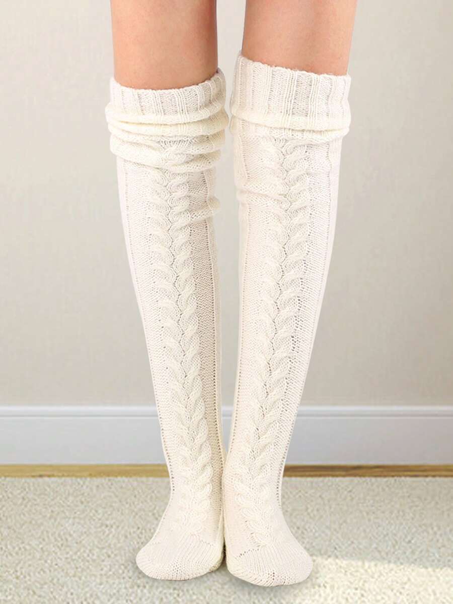 1 Pair Women's Over The Knee Gray Thick Knitted Woolen Leg Warmers For Winter Fashion
