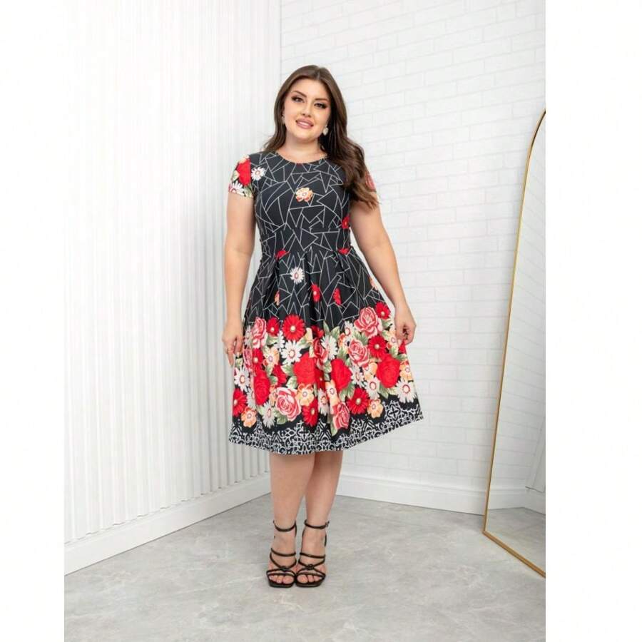 VESTIDO FLORAL MODA FEMININA IGREJA CONGRESSO FESTIVIDADE CACO PRETO