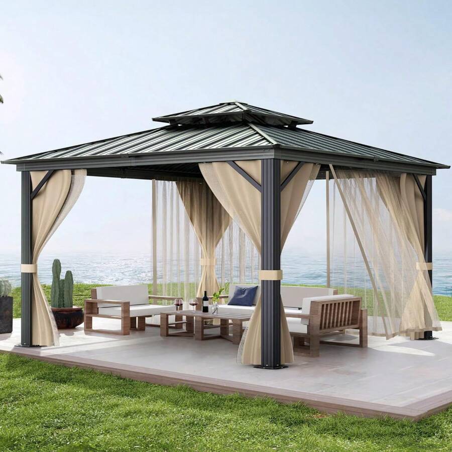 10x10 Ft Hardtop Gazebos With Heavy Duty Double Roof, Nettings And Curtains Galvanized Steel Outdoor Gazebos For Patio, Backyard, Deck, Lawn