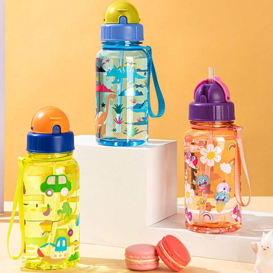 1pc 500ml Cute Cartoon Print Water Bottle With Straw For School Leak Proof & Easy Clean & Carry Handle, For Outdoor, Camping