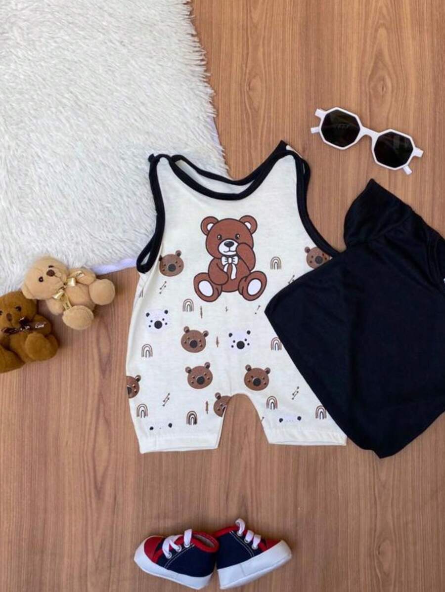Jardineira macacão ursinho bebê 2 peças recém-nascido 0-3 meses moda infantil menino