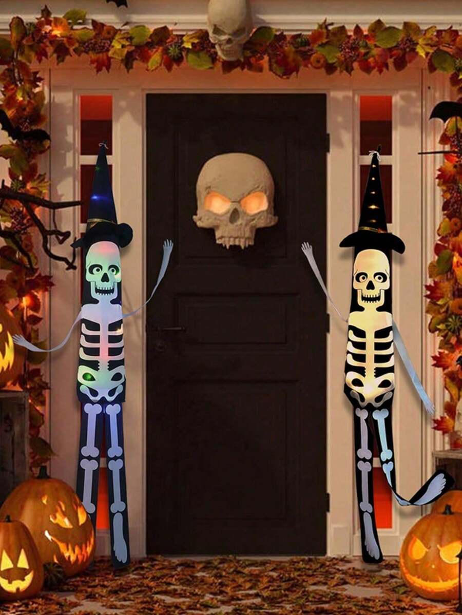 1 pieza Luz de cadena de sombrero de brujo con luz LED para decoración de Halloween, luz de ambiente espeluznante con calavera