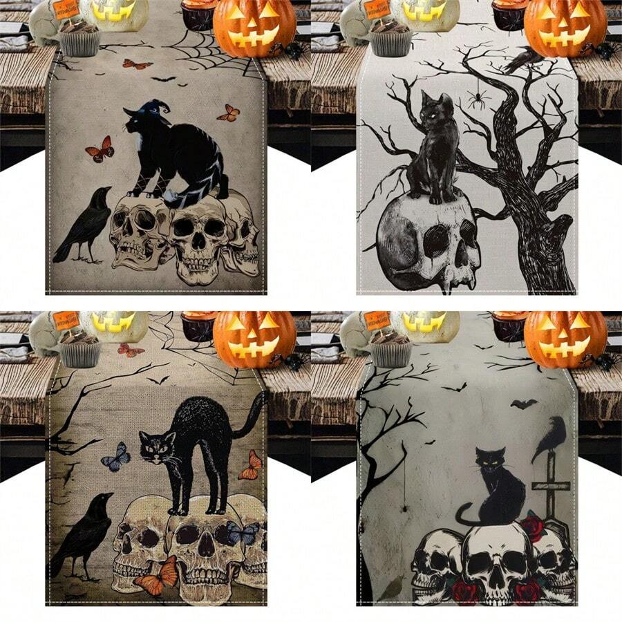 Camino de mesa de Halloween, cráneo retro, gato negro, telaraña, esqueleto de rosa, decoración de mesa de cocina y comedor, mantel de mesa de fantasma de Halloween adecuado para suministros de fiesta en interiores y exteriores, mejores regalos
