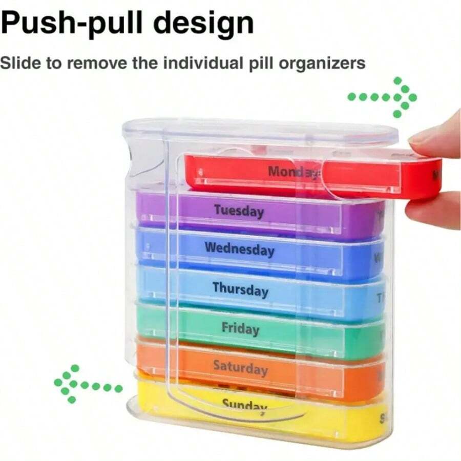 7-Day Stackable Travel Pill Box - Weekly Pill Organizer For 1 Day 4 Times Supply - Colorful Rainbow Design, Durable Plastic Material, Compact And Portable Vitamins Containers