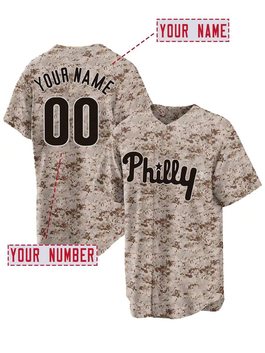Aangepaste naam en nummer Boyfriend Style Heren Borduurwerk Baseball Jersey Philadelphia Camouflage V-hals Gepersonaliseerde Korte Mouw Overhemden Met Knoopsluiting Party Games Training Sport Tops S-Xxl