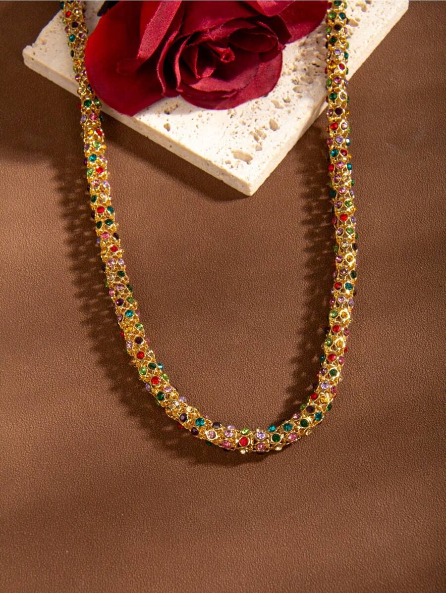 1pc European And American Style Simple Shiny Multicolor Crystal Chunky Chain Necklace, Suitable For Daily Wear And Gifting